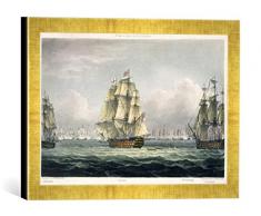 Gerahmtes Bild von Thomas Whitcombe HMS Victory sailing for the French line flanked by the Euryalus and HMS Temeraire at the Battle of Trafalgar, October 21st, 1805, Kunstdruck im hochwertigen handgefertigten Bilder-Rahmen, 40x30 cm, Gold raya
