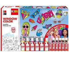 Marabu KiDS Window Color Party Set - ablösbare Fenstermalfarbe auf Wasserbasis, für glatte Oberflächen, Partyspaß für Kinder, 6x 80 ml und 6x 25 ml Farbe, 10 Malfolien und 4 Malvorlagen