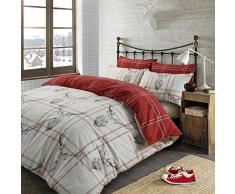 Dreamscene Bettwäsche-Set Hirsch, Bettbezug mit Kissenbezug, Karomuster, Rot/Grau – Einzelbett