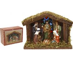 Home&Style 463303 Weihnachtskrippe 6 Figuren Und 1 Holz Stall 20 x 15 cm mit Beleuchtung Im Farbkarton