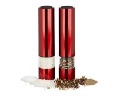 Relaxdays Pfeffermühle Elektrisch, 2er Set, stylisch, mit LED-Licht, Gewürzmühlen, Edelstahl, batteriebetrieben, rot