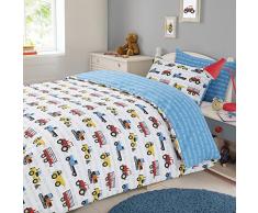 Dreamscene Deckenbezug mit Kissenbezug, Transportmittel-Motiv, für Jungen, Kinder, mit Arbeitsfahrzeugen als Design, blau, Doppelbett