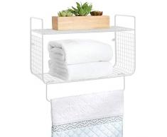 mDesign Metalldraht Farmhouse Wanddekoration Aufbewahrung Organizer 2 Etagen Regal mit Handtuchstange für Badezimmer, Waschküche, Küche, Garage – Wandhalterung weiß