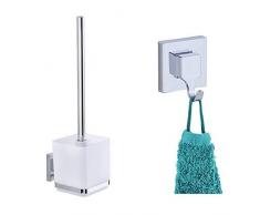 Wenko Vacuum-Loc Garnitur Quadro WC-Bürstenhalter, Edelstahl rostfrei, 12,5 x 9,5 x 37 cm & Vacuum-Loc Wandhaken Quadro 2er Set, Badhaken,Acrylnitril-Butadien-Styrol (ABS), glänzend, 5 x 6 x 7 cm