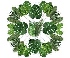 Auihiay 90 Stück 6 Arten künstliche Palmenblätter hawaiianische Party-Dekorationen tropische Pflanzen künstliche Blätter mit Stiel für tropische Party-Dekorationen Aloha Dschungel Strand Geburtstag Party Palmenblätter Dekorationen