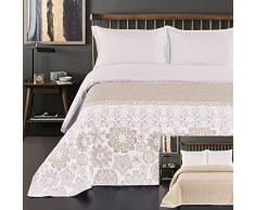 DecoKing Tagesdecke 220 x 240 cm beige weiß Cappuccino Bettüberwurf mit abstraktem Muster zweiseitig pflegeleicht Alhambra