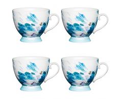 Kitchen Craft AMZKCMFTD17SET4 Große Taße aus Knochenporzellan mit Standfuß,Painted Floral Aufdruck Im Aquarellstil, 400 ml, Porzellan, blau, 10,5 x 13 x 9,5 cm, 4-Einheiten