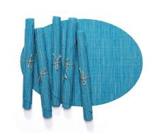 LANDZOON Gewebte ovale Tischsets PVC Tischsets Rutschfest abwaschbar Gewebtes Vinyl Bambus hitzebeständig Tischset 6-teilig blau
