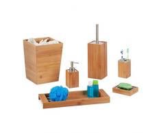 Relaxdays Bad Set, 6-teilig, Bambus, Seifenspender, Seifenhalter, Bürstenhalter, Zahnputzbecher, Ablage, Badeimer, natur