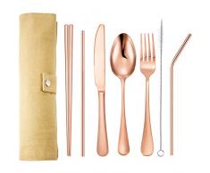 Tatuo 7-teiliges tragbares Besteck-Set aus Edelstahl für Reisen, Besteck-Set, Besteck-Set, Wiederverwendbare Utensilien mit Etui, Messer, Gabel, Löffel, Essstäbchen, Strohhalme Rose Gold