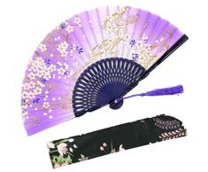 OMyTea Sakura Wind Klappbare Seidenfächer für Frauen - Mit einer Stofftasche zum Schutz des Fächers. Chinesisch/Japanisch Vintage Retro Style, Bambus, violett