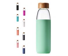 Veegoal Wasserflasche aus Borosilikatglas, mit Bambus-Deckel und Schutzhülle, 510 ml, mintgrün