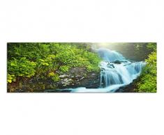 Panoramabild auf Leinwand und Keilrahmen 150x50cm Wald Wildbach Steine Sonnenstrahlen Natur