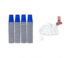 AmazonBasics - Partybecher aus Kunststoff, Einwegbecher, 473 ml, Blau & Relaxdays Beer Pong Bälle, 48 St, Tischtennisbälle, Trinkspiel, Ping Pong Bälle, ohne Aufdruck, 38 mm, Kunststoff, weiß