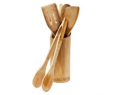Relaxdays Küchenhelfer Set Bambus 7-teilig 30 cm lang als Kochlöffel Set aus Holzlöffel Pfannenwender (je 2) und Salatzange Gabel mit Halter bzw. Ständer für Kochbesteck als Küchenutensilien, natur