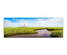 Panoramabild auf Leinwand und Keilrahmen 150x50cm Feld Wiese Bach Leuchtturm Sommer
