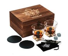 Whiskey Glas 2er Set - Bourbon Whiskey Geschenkset - Scotch Steine Pinzette, Untersetzer, Chillingsteine & Bargläser - Trinkgläser für Männer & Frauen - Whiskey Glaswaren in Holz Geschenkbox