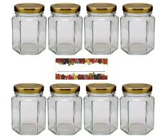 Viva Haushaltswaren 8 Marmeladengläser 110ml, sechseckige Schraubverschluss (Farbe Gold) und 8 Beschriftungsetiketten Einmachglas, Glas, transparent, 4.8 x 4.8 x 7.7 cm, 8-Einheiten