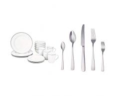 AmazonBasics Geschirrset mit grauem Rand, 16-teilig, für 4 Personen & Essbesteck-Set mit Eckiger Rand, Edelstahl, 20-teiliges Set, für 4 Personen