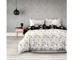 AmeliaHome 06501 4tlg 2 x Biber Bettwäsche 155x220 cm mit 2 Kopfkissenbezügen 80x80 cm 100% Baumwolle Blumenmuster Bettbezug Reißverschluss Snuggy Collection Floral Rain weiß schwarz gelb