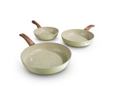 bratmaxx Keramik geschmiedet in Creme mit Holzoptik-Griff | 3-teiliges Set | Keramikbeschichtung | Induktion | Keramikpfanne | Pfannenset Pfanne, Mehrfarbig, 34 cm