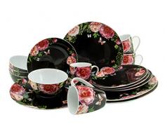 Creatable, 22419, Serie Enjoy ROSES-schwarz, Geschirrset, Kombiservice 16 teilig, Porzellan
