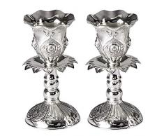 Ner Mitzwa Kerzenständer, versilbert, mit rundem Sockel und Blumenmuster, 2 Stück, Silber, silber, 10,16 cm