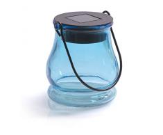 Solarlicht aus Glas als Hängeleuchte oder Tischlicht mit integriertem Solarpanel und LEDs zur Beleuchtung in Blau für Garten, Weihnachten, innen und aussen mit Deko befüllbar