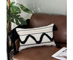OJIA Kissenbezug Schwarz und Weiß Neutrale Bauernhaus Dekor Boho Tribal getuftet Kissenbezüge gewebte Quaste Kissenbezug für Couch Sofa Wohnzimmer Schlafzimmer Party Auto 12 x 20 inch Schwarz/Wellen