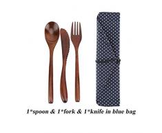 beyonday Geschirr, tragbarer Löffel, Gabel, Essgeschirr aus Bambus, wiederverwendbar, mit Taschen, Holzbesteck 2