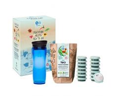 shuyao teekultur Starterbox Tea to Go Thermobecher mit integriertem Teesieb + 5x3 Loser Bio Tee ohne Koffein, Blau, 45g