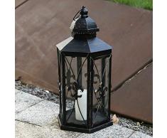 Lewondr Laterne Kerzenhalter, Mittler Größe Antik Französisch Stil Metall Windlicht mit Henkel und Transparent Glas, Iris Blume Muster Deko Laternen für Wohnung Garten Weihnachten - Vintage Schwarz