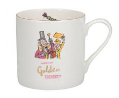 CREATIVE TOPS Tasse groß mit Motiv Roald Dahl Charlie und die Schokoladenfabrik Illustration mit echten Gold Rand, Bone China Porzellan, weiß/Mehrfarbig, 11 x 11 x 8,5 cm