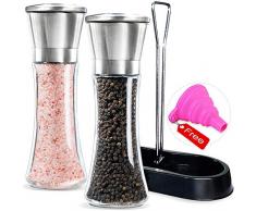 Amison Salz- und Pfeffermühlenset mit passendem Ständer, aus Edelstahl, Präzision in fünf Stufen einstellbar, Keramikrotor, mit gratis Trichter (2 Mühlen)