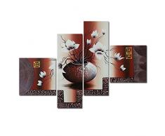Wieco Art Leinwandbild, gespannt und gerahmt, 100% handgemalt, Heim-Dekoration, Blumen, Öl-Gemälde auf Leinwand, 4-er Set, canvas, braun, 20x20inchx2pcs,14x40inchx2pcs