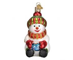 Old World Christbaumschmuck, Glas, geblasen, mit S-Haken und Geschenkbox, Schneemann-Kollektion Snowman with Cocoa