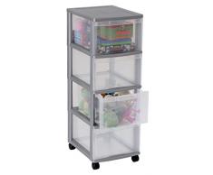 Rotho Rollcontainer OPTIMO Tower, stabiler Schubladencontainer mit 4 Schüben aus Kunststoff, silbernes Gehäuse und transparente Schubladen, ca. 38,5 x 30 x 85,3 cm