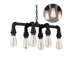 Relaxdays Rohr Hängelampe, 6-flammig, Metall, Retro Barlampe, Industrial Style, E27, Hängeleuchte Wasserrohr, schwarz