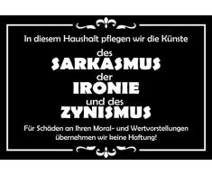 In diesem Haushalt pflegen wir die Künste des Sarkasmus, der Ironie und des Zynismus. … Funny Familien Sprüche Blechschild, 20x30 cm Deko