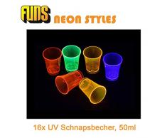 FUNS NEON STYLES 16er Set - UV-Schwarzlicht Schnapsglas / Schnaps-Becher - 50 ml im 4 Farb-Mix, Mehrwegbecher aus Kunststoff für Party, Festival oder Disko