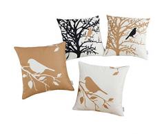 CaliTime Kissenbezug, geeignet für für Couch, Sofa, Heimdekoration, Design: der Schatten von Vögeln auf Ästen, 45 cm x 45 cm, 4 Stück, Polyester-Mischgewebe, Brown Sugar, Combo Set - 4pcs