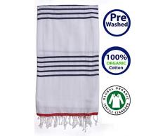 Pestemal Badetuch Pestemal aus Bio-Baumwolle, vorgewaschen, 99 x 165 cm, saugstark, schnelltrocknend, weich und kompakt, maschinenwaschbar, stilvoll und umweltfreundlich X-Large Weiß Marineblau