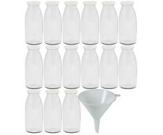 Viva Haushaltswaren - 15 x Glasflasche 250 ml mit weißem Schraubverschluss, als Milchflasche, Saftflasche & Smoothieflasche verwendbar (inkl. Trichter Ø 12 cm)