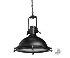 Relaxdays Industrie Hängelampe aus Eisen, geschlossene Pendelleuchte mit Milchglas, lackierte Wohnzimmerlampe, schwarz