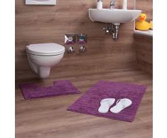 Relaxdays Badgarnitur 2-teilig, Streifen-Design, Für Fußbodenheizung, Waschbar, Badematte und WC-Vorleger, Für Stand-WC, 80 x 50 cm, lila / beere