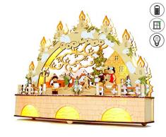 abc HOME living ❄ Lichterbogen Weihnachtsdorf Schwibbogen EIN-& Ausschalter batteriebetrieben LED, Holz, hell-braun, 31 cm L x 8,5 cm B x 25 cm H