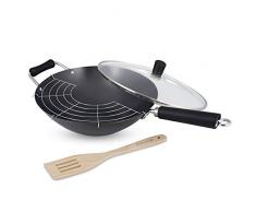 Ken Hom KH431041 4-teiliges Set-Karbonstahl mit Antihaftbeschichtung, Ø 31 cm Wok, Phenolhartgriff, Schwarz