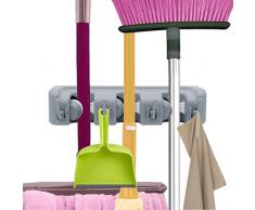 VICKMALL Mop-Halter, rutschfest, automatisches Verriegeln, Wandmontage, Kleiderschrank, Rechen, Garten, Sportausrüstung, Garagenaufbewahrung (3 Positionen 4 Haken), S0.5x3