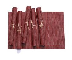 Hysenm Tischläufer Tischsets Tischsets Tischmatten Einfarbig PVC Vinyl Set Bambusmuster hitzebeständig 6Pcs Placemats rot