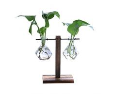 Ivolador Desktop Waage Glas-Pflanzgefäß zum Aufhängen mit Retro-Ständer aus massivem Holz für Hydrokultur-Pflanzen, Zuhause, Garten, Hochzeitsdekoration 2 Diamond Vase farblos
